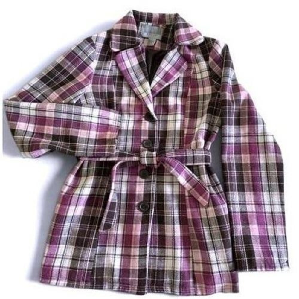 Vintage 90s Miss Lili Belted Plaid Tailored Coat Women's L Wool Blend Pink Brown